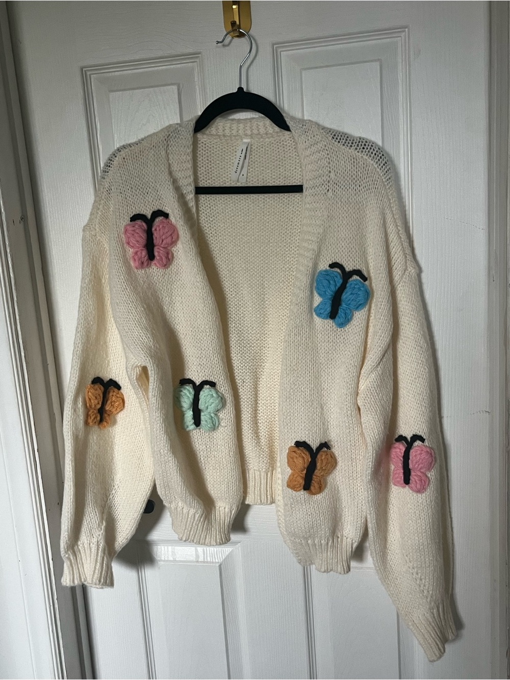 Women’s Butterfly Knit Cardigan – Chunky Cream Sweater – Size M